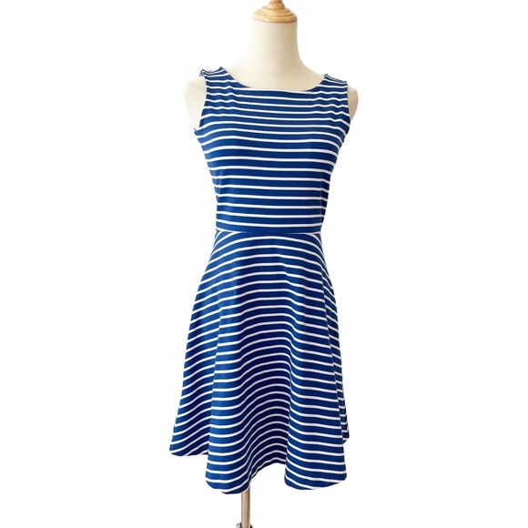 Talbots Blue White Striped Fit & Flare Dress Petite Nautical Preppy Sleeveless - Picture 2 of 5